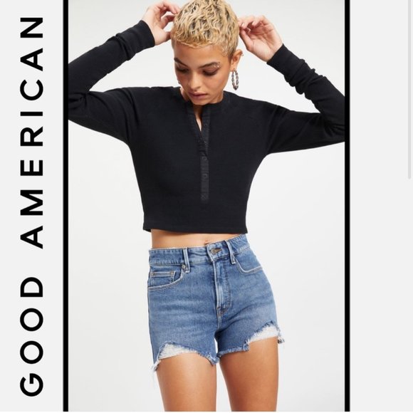 Good American Tops - Good American THERMAL FITTED HENLEY Black Size 4 - XL